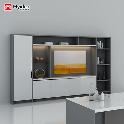 Office filing cabinet for the boss and supervisor, storage cabinet with hanging clothes area, white glossy painted office desk cabinet with lock induction light strip