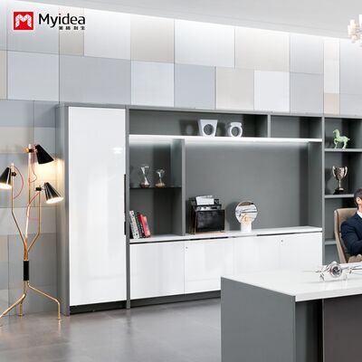 Office filing cabinet for the boss and supervisor, storage cabinet with hanging clothes area, white glossy painted office desk cabinet with lock induction light strip