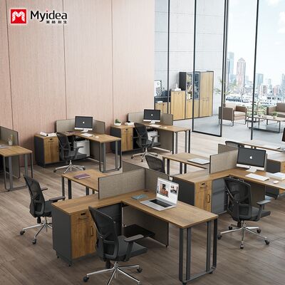 Two person office desk with steel leg storage side cabinet, staff desk made of melamine board material