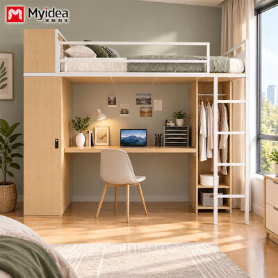 買う Metal-Wood Loft Bunk Bed with Desk & Large Storage, Heavy-Duty Steel-Wood Structure, Ideal for Apartment, Dormitory & Hostel Use online manufacture