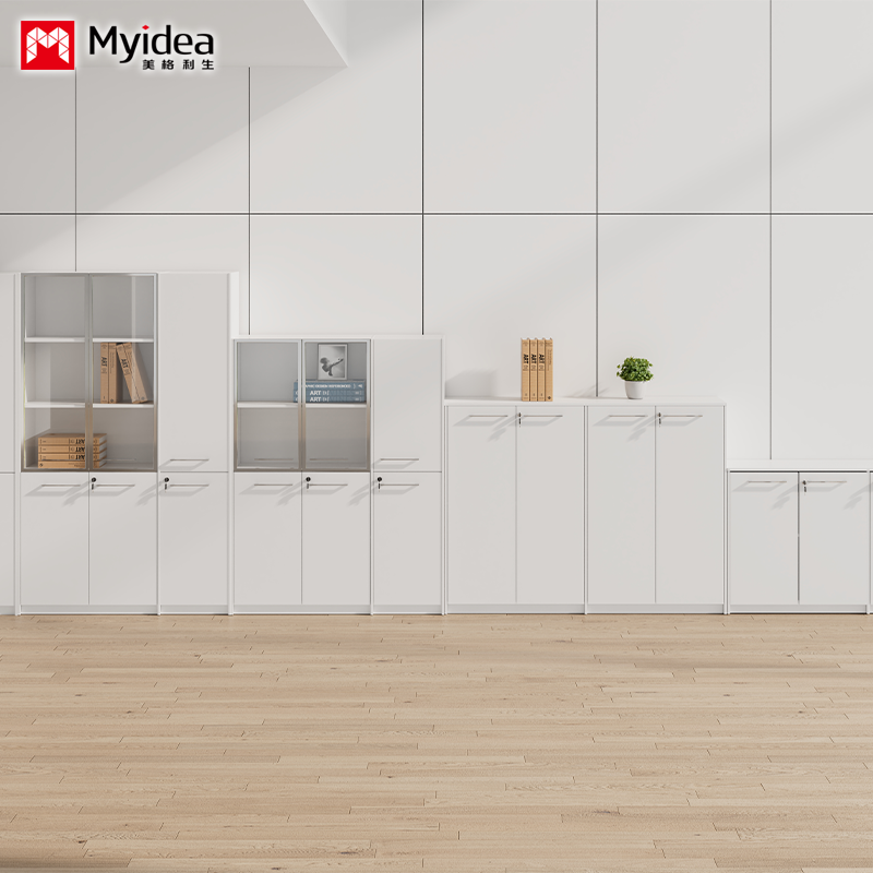 White Office File Cabinet, Wooden High Low Cabinet Storage Cabinet, Suitable for Offices, Conference Rooms, Reception Rooms